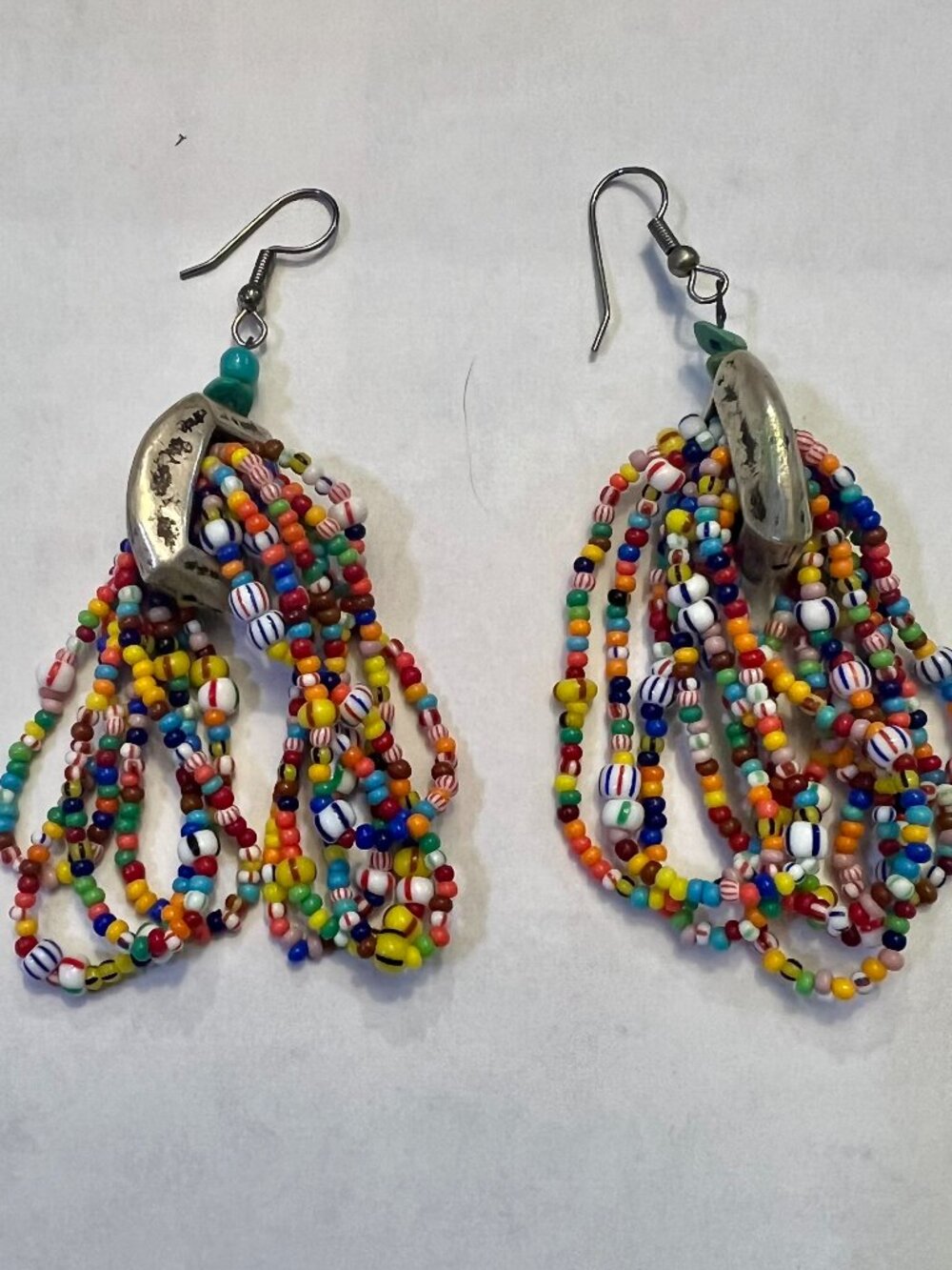 Authentic African Multicolor Beaded Earrings - Turquoise Accent.